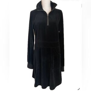 Off Limits Deep Black Velour Funnel Neck Long Sleeve Dress with Partial Zipper